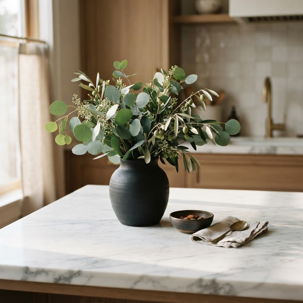 Marble countertop styled with a vase of eucalyptus branches